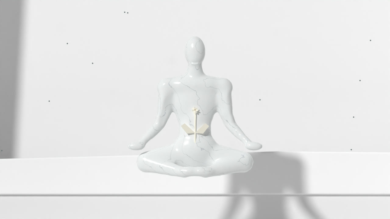 Une figure de marbre blanc en méditation, une fleur claire au creux des mains.